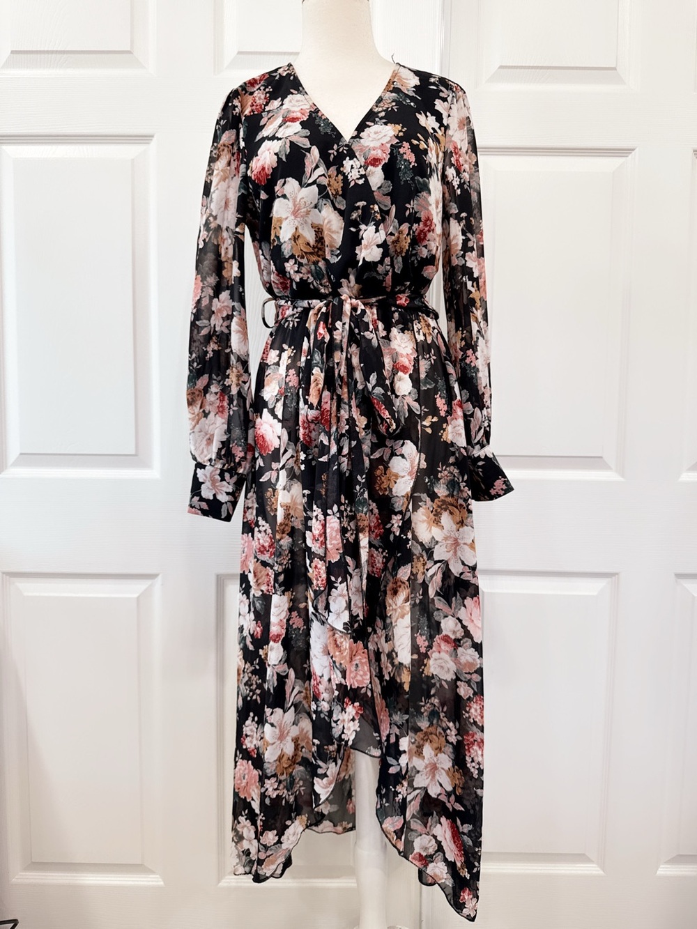 Papaya Black Floral Wrap Midi Dress with Tie Waist